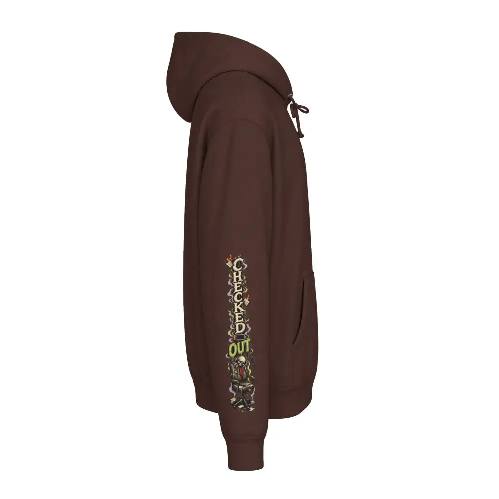 Brown heavyweight hooded sweatshirt with minimum morale dark humor skeleton graphic and vertical checked out design on sleeve