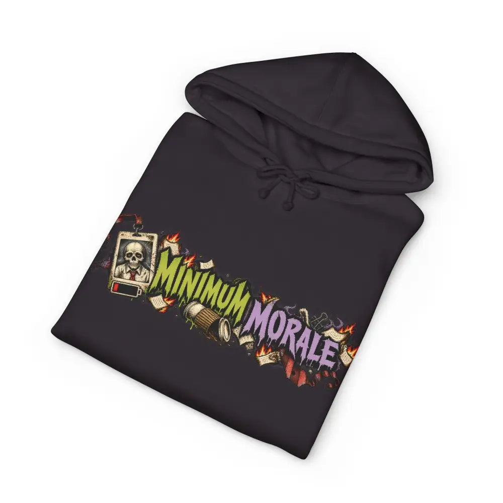 Black heavyweight hooded sweatshirt with vibrant minimum morale graphic featuring flames papers and skull for dark humor fans