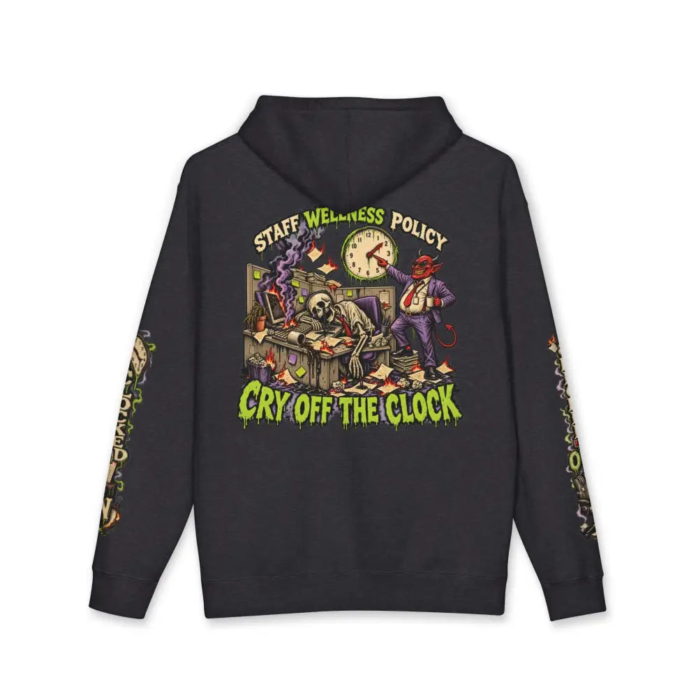 Black unisex heavyweight hooded sweatshirt with dark humor minimum morale graphic of skeleton and devil at office desk
