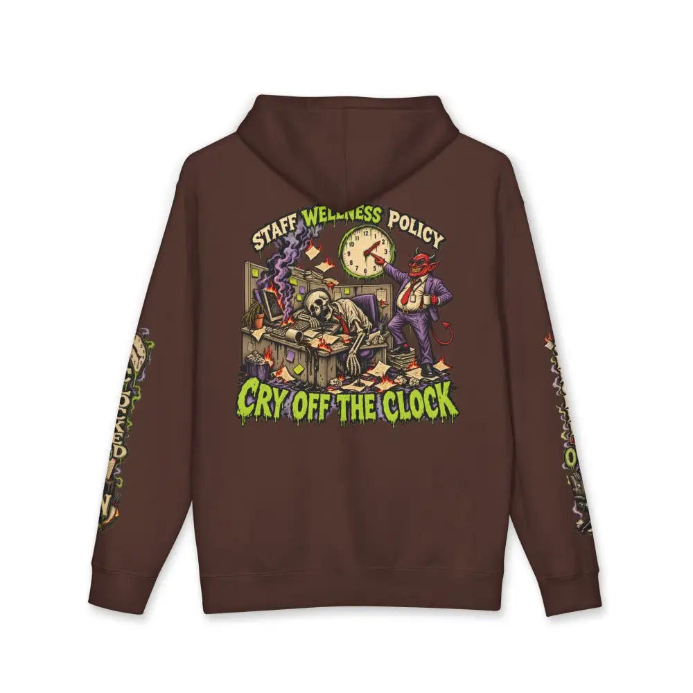 Brown heavyweight hooded sweatshirt with dark humor skeleton and devil graphic and minimum morale staff wellness text