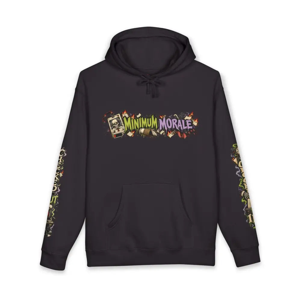 Black heavyweight hooded sweatshirt with minimum morale dark humor graphic flames skulls and detailed sleeve designs