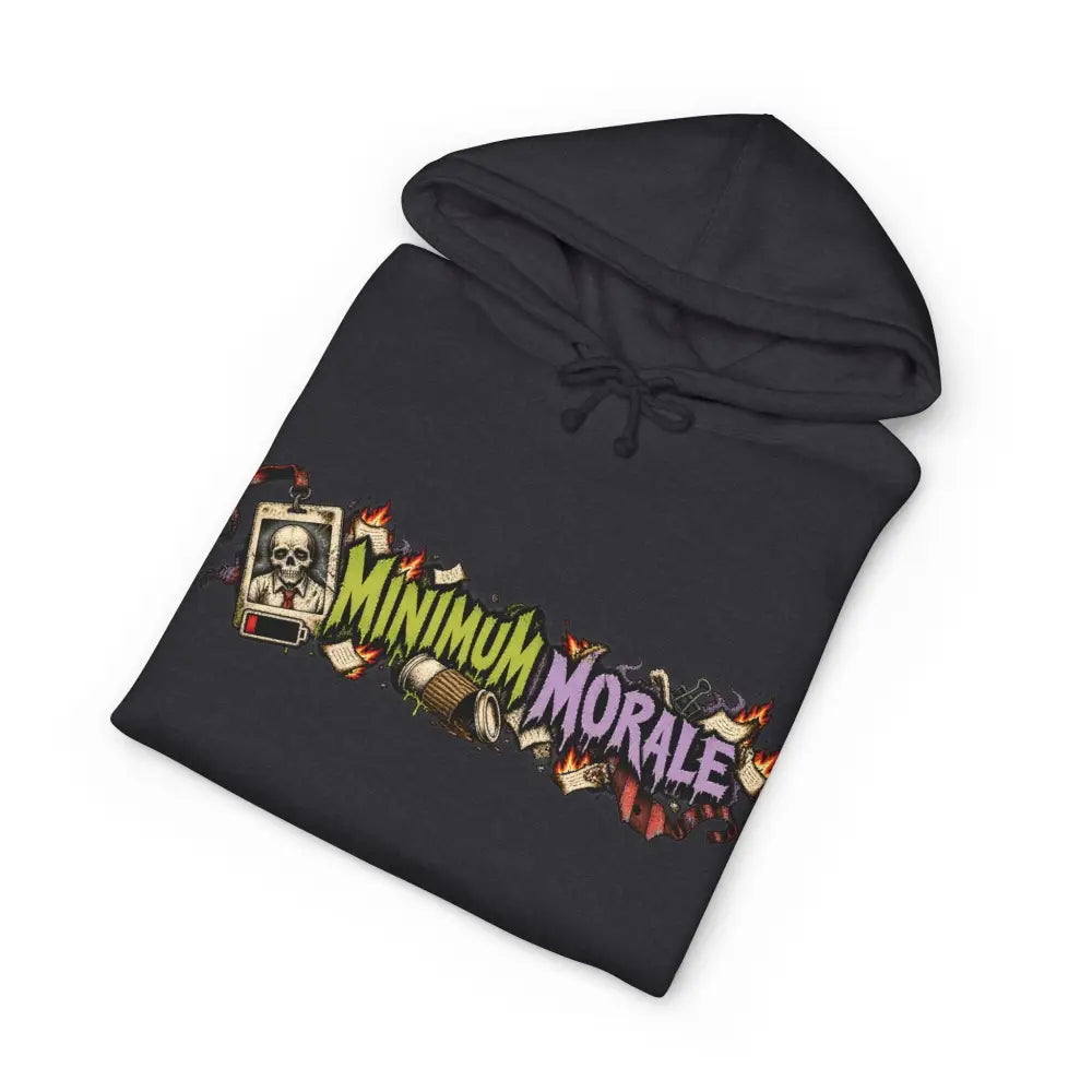 Black heavyweight hooded sweatshirt with minimum morale graphic in green and purple flames skull papers design dark humor