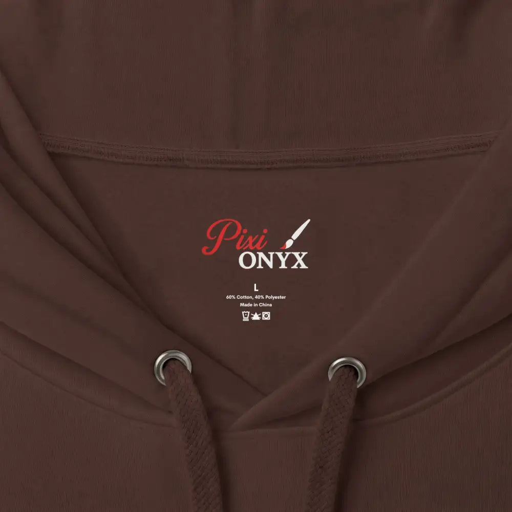 Brown heavyweight hooded sweatshirt with soft textured fabric and matching drawstrings in minimum morale design