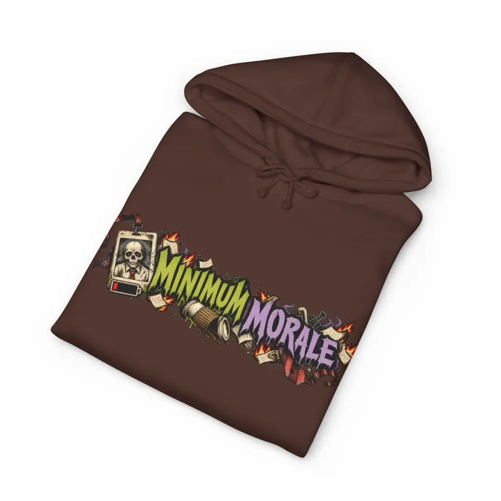 Brown unisex heavyweight hooded sweatshirt with minimum morale dark humor graphic print featuring flames and skull frame