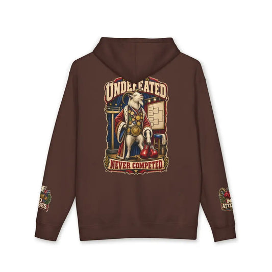 Brown fleece-lined unisex hoodie with undefeated goat boxing graphic and machine wash care instructions