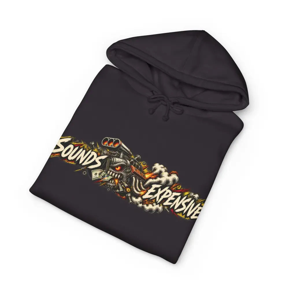 Black heavyweight hooded sweatshirt featuring a skull with engine and flames graphic and sounds expensive lettering