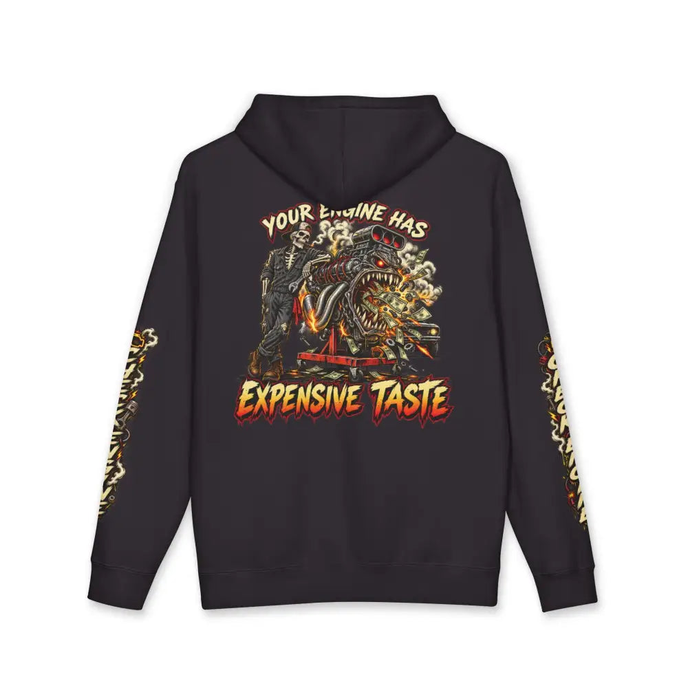 Black heavyweight hooded sweatshirt featuring skeletal figure and flame engine graphic with your engine has expensive taste text