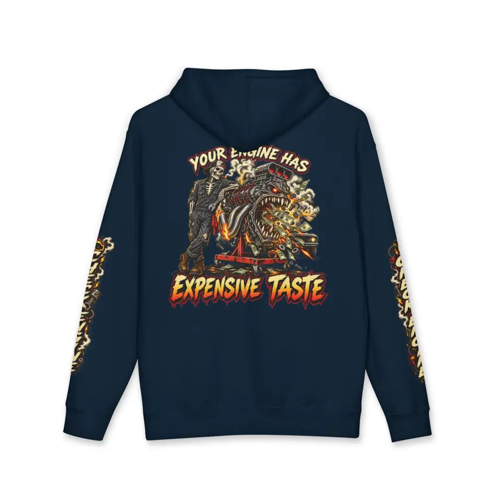 Navy blue heavyweight hooded sweatshirt with retro car engine graphic and bold orange text on the back for garage‑born style