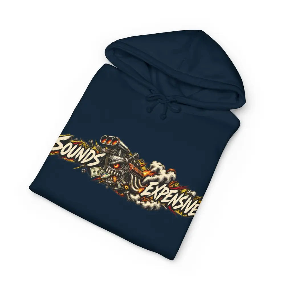 Navy blue heavyweight hooded sweatshirt with skull engine graphic and sounds expensive lettering for garage-born style
