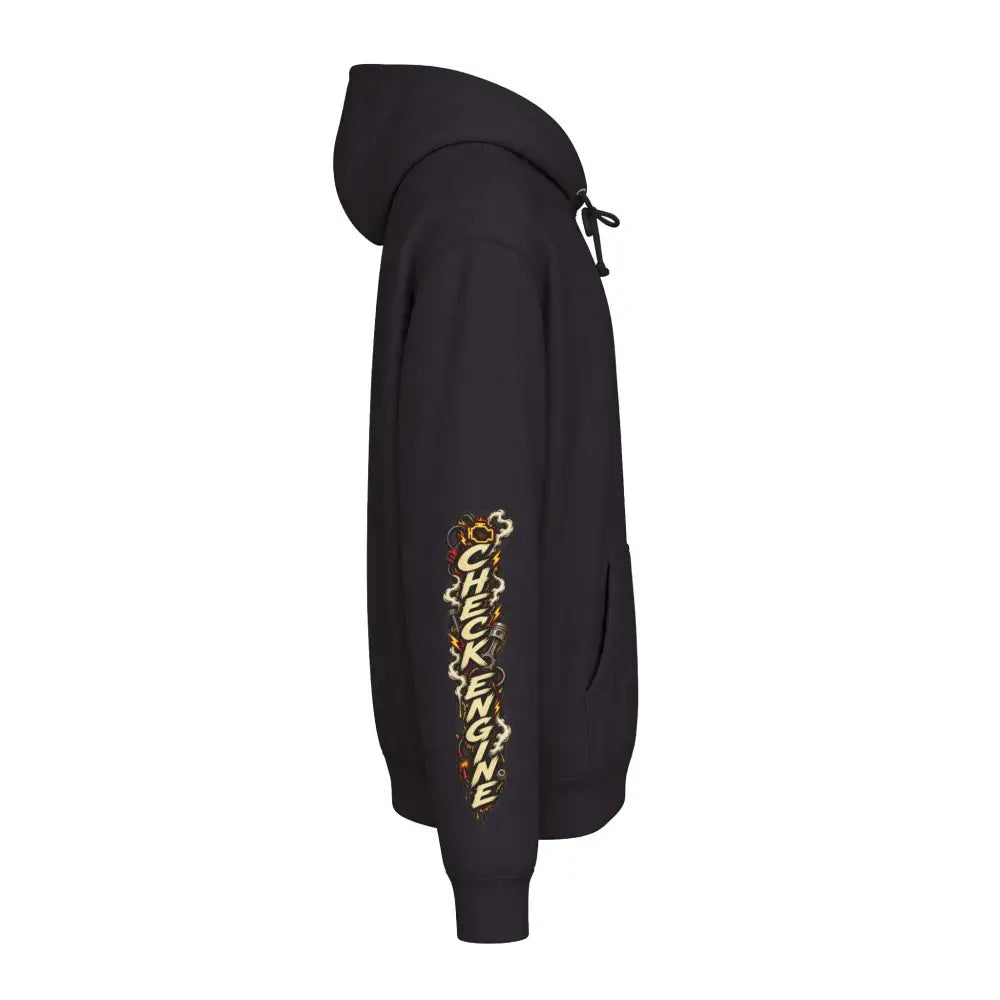 Black heavyweight hooded sweatshirt with vertical check engine graphic in gold and orange flame style on left sleeve