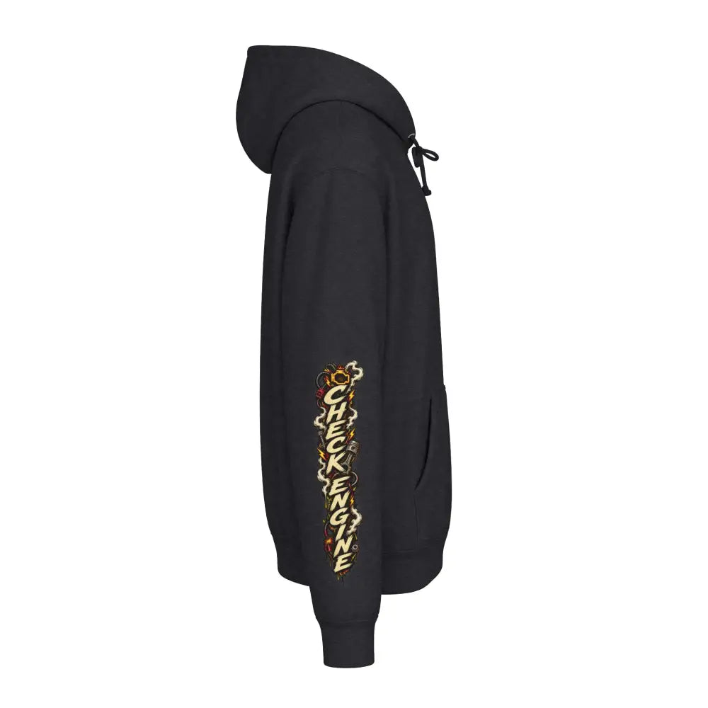 Black heavyweight hooded sweatshirt with vertical check engine flame graphic on left sleeve for garage born channels