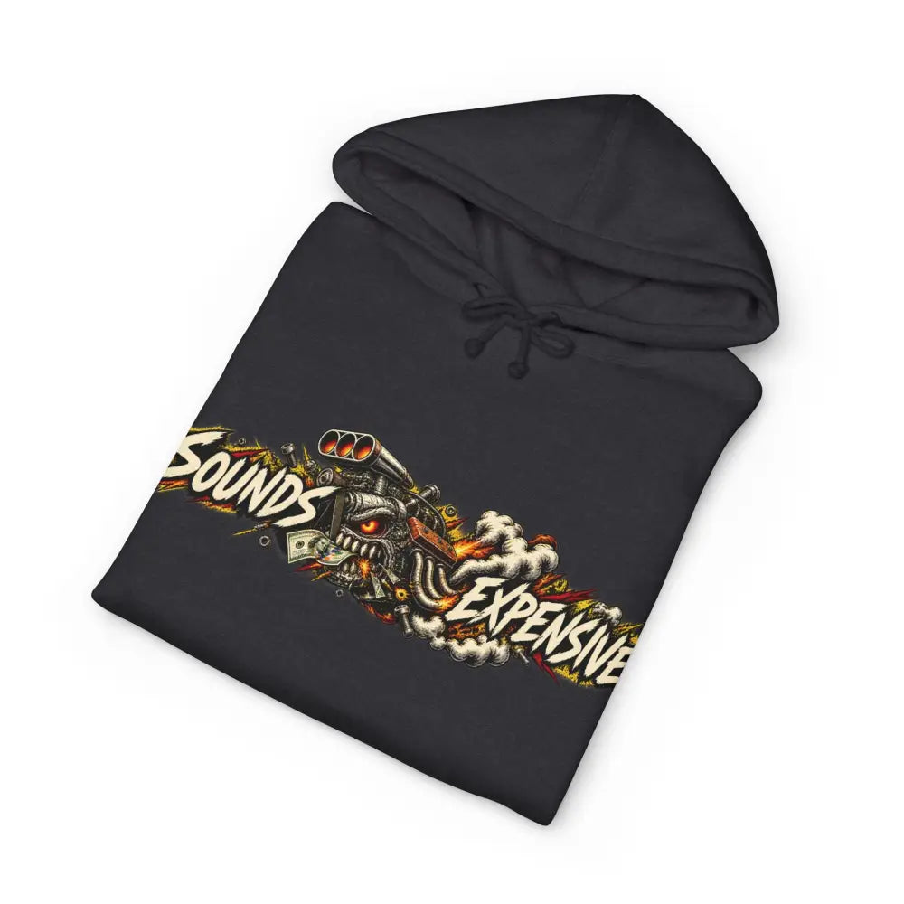 Black heavyweight hooded sweatshirt with retro car engine skull graphic and sounds expensive lettering for garage‑born style