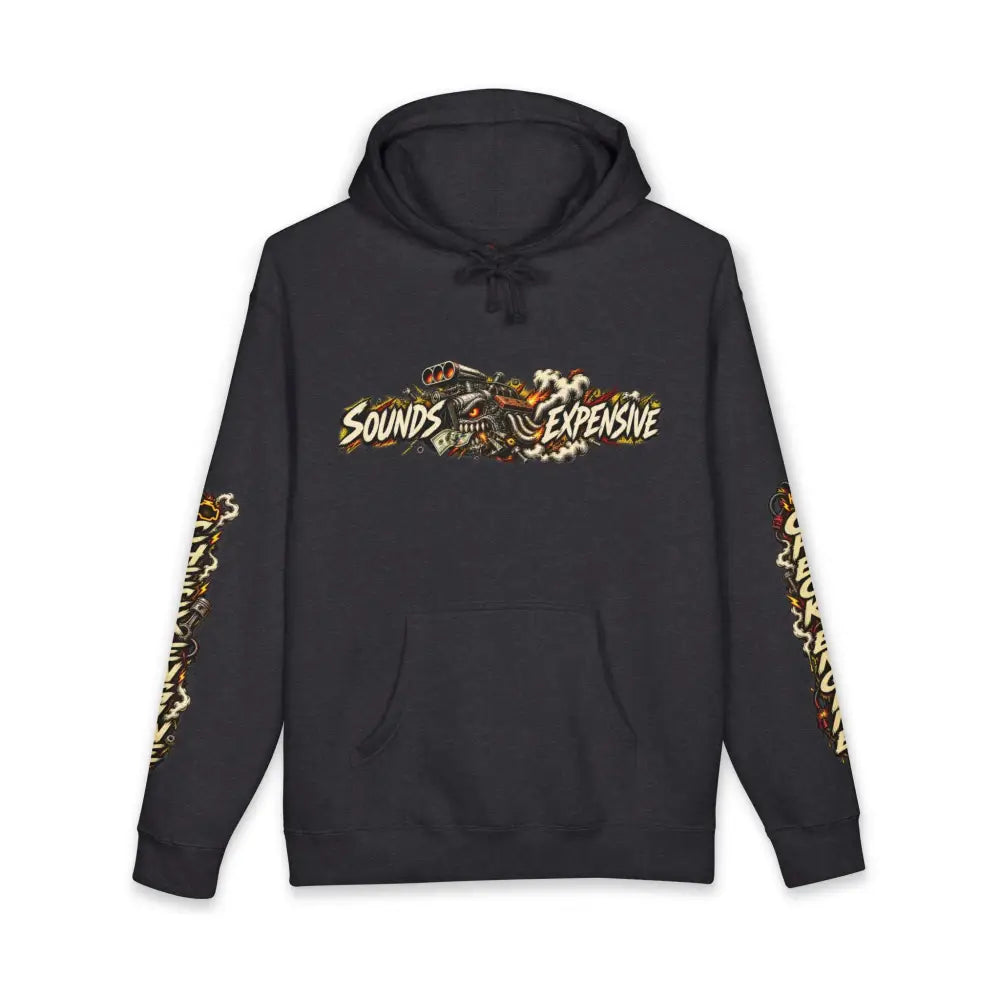 Black heavyweight hooded sweatshirt with colorful sounds expensive graphic and matching sleeve designs from sweatshirt channels