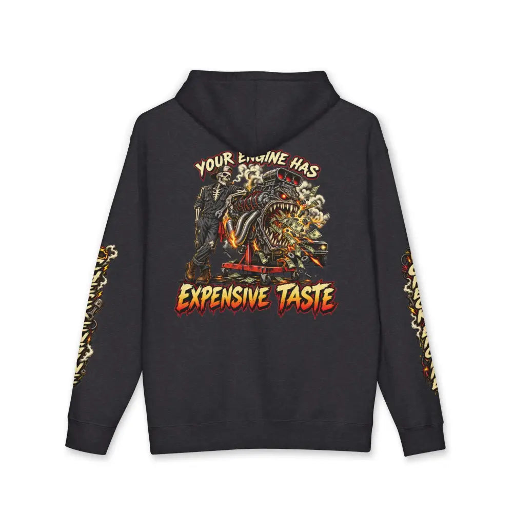 Black heavyweight hooded sweatshirt with bold skeletal and roaring engine graphic and fiery your engine has expensive taste text