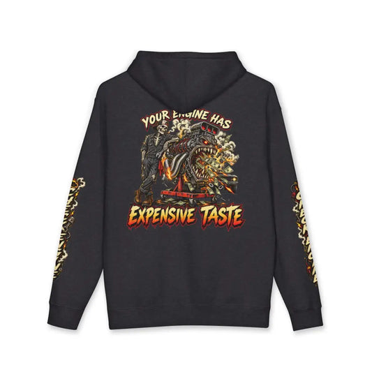Black heavyweight hooded sweatshirt with bold skeletal and roaring engine graphic and fiery your engine has expensive taste text