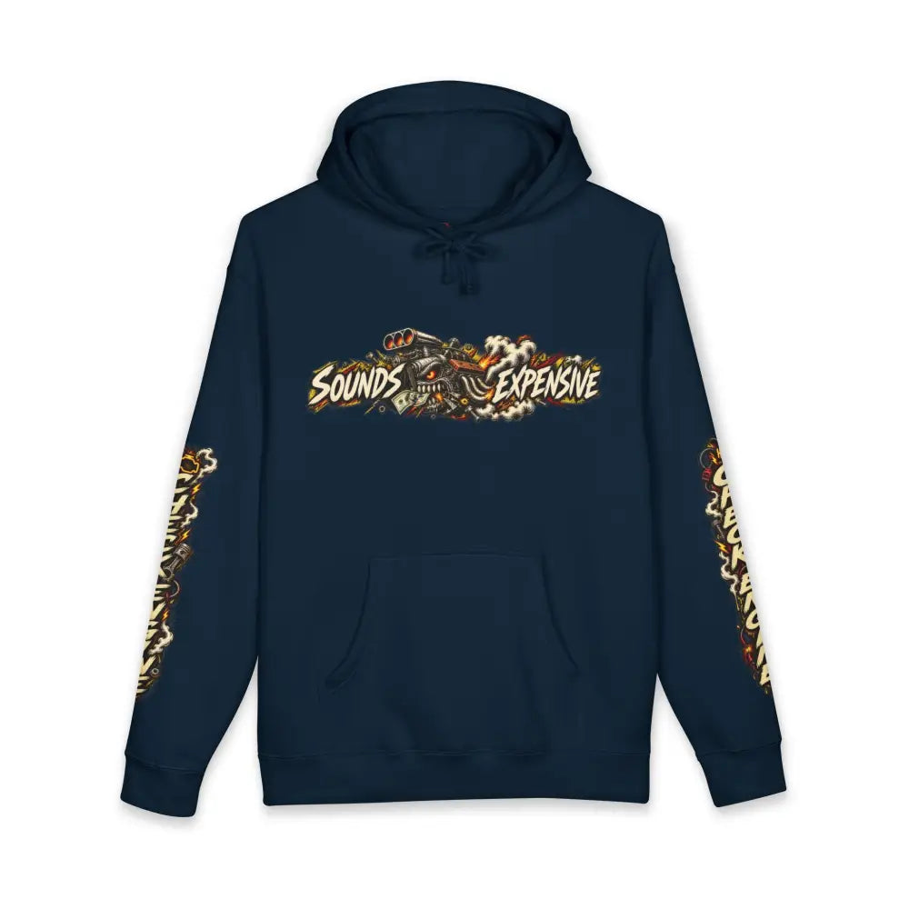 Dark navy blue heavyweight hooded sweatshirt with sounds expensive fiery graphic and flame patterned sleeves for garage born channels