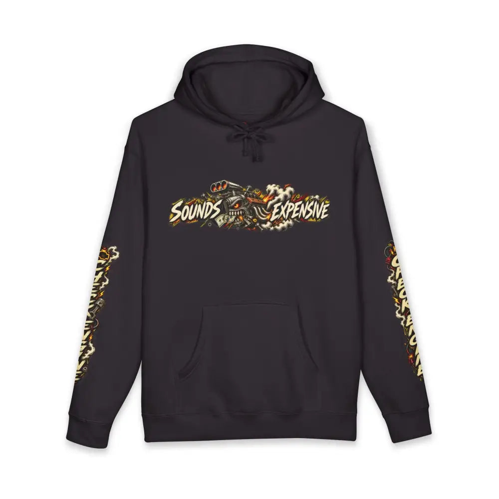 Black heavyweight hooded sweatshirt with vibrant graffiti style sounds expensive graphic and matching sleeve designs