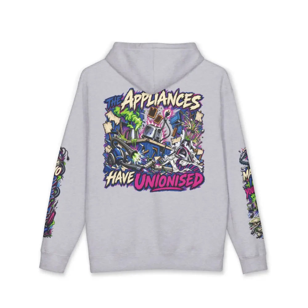 Light gray heavyweight hooded sweatshirt with vibrant graffiti style unionized appliances graphic in yellow and pink