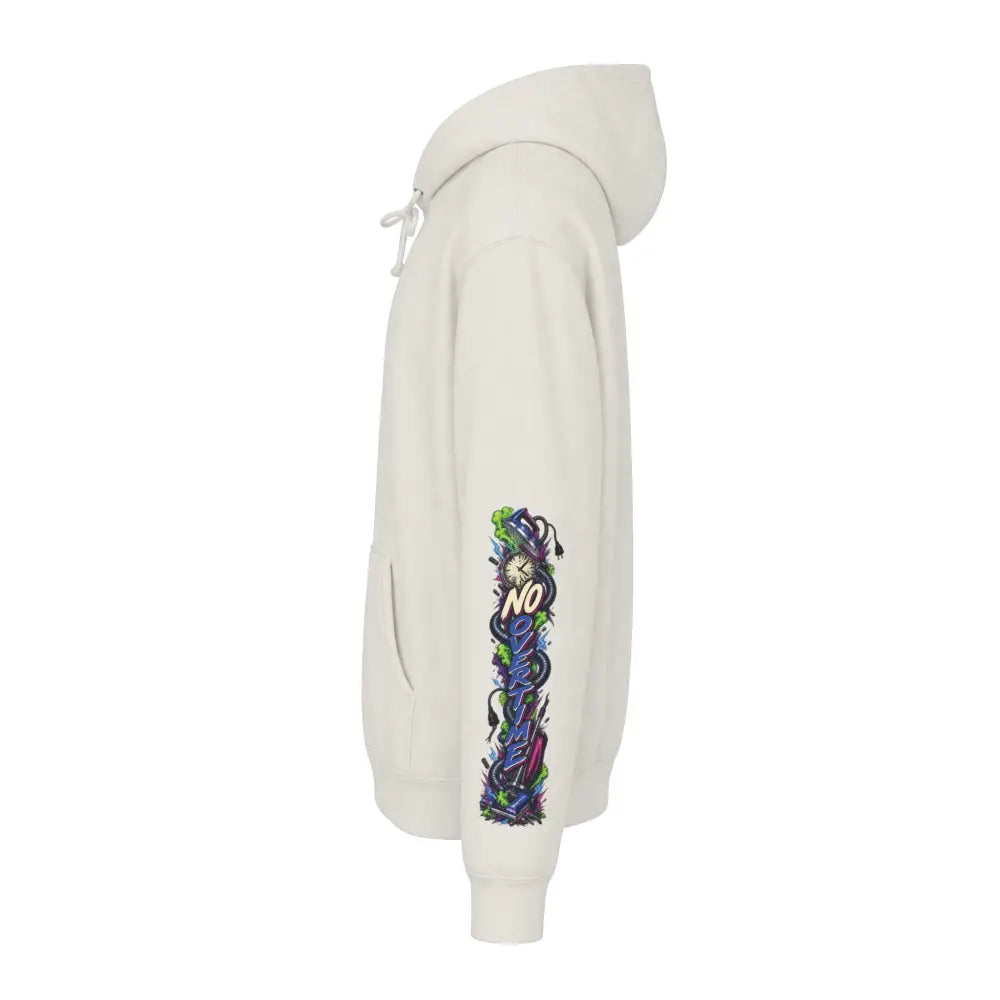 Cream-colored heavyweight hooded sweatshirt with vibrant graphic design and text on the left sleeve for protest wear