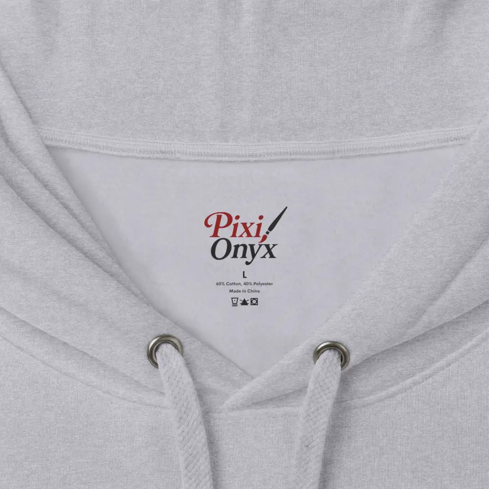 Light gray heathered heavyweight hooded sweatshirt with pixi onyx logo tag unisex graphic protest hoodie