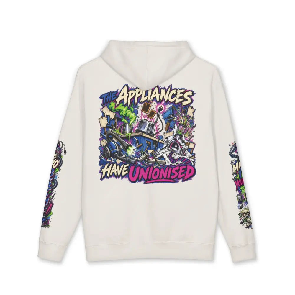 Off-white heavyweight hooded sweatshirt with vibrant graffiti style graphic and bold purple yellow text the appliances have unionised