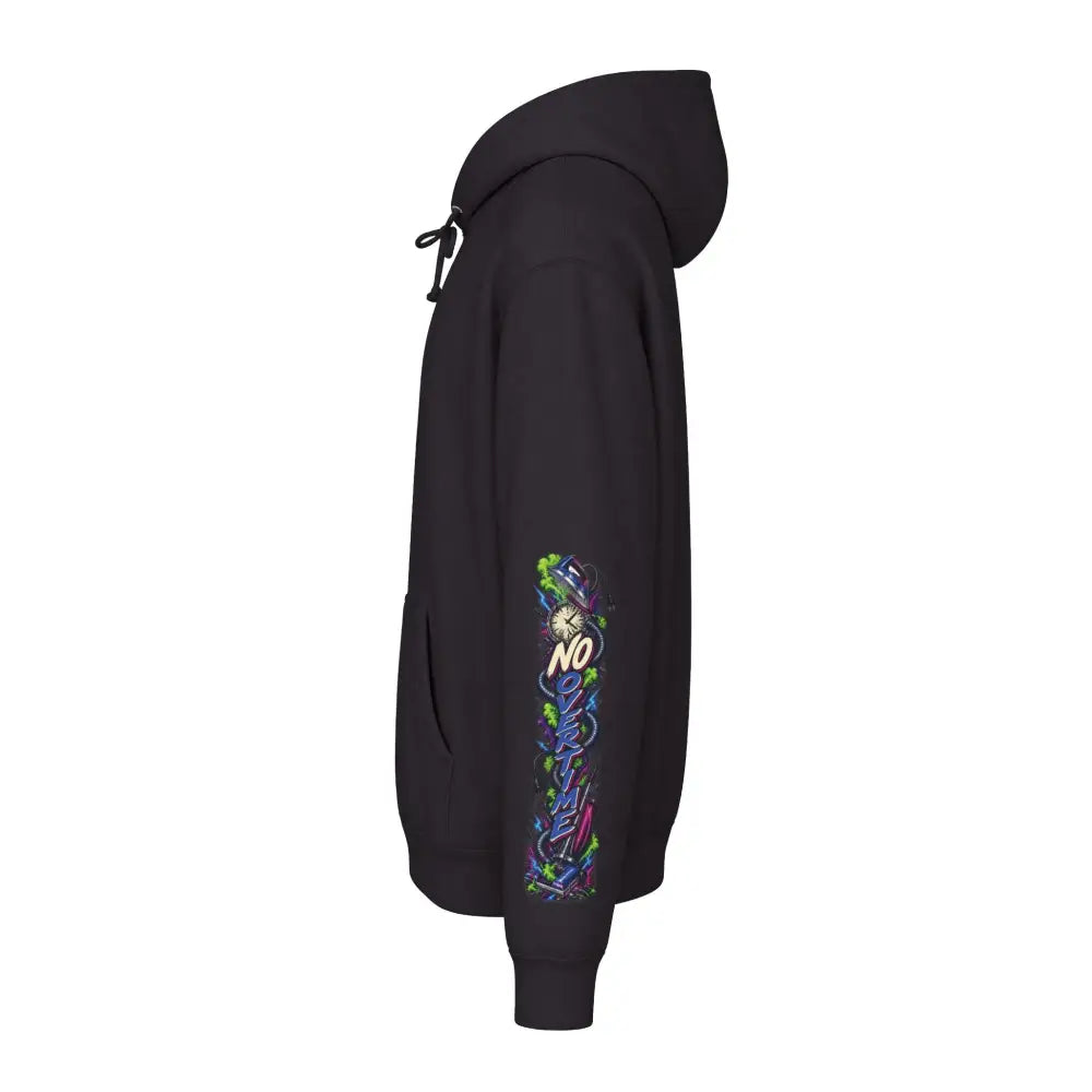 Black heavyweight hooded sweatshirt with vibrant graffiti-style graphic design on left sleeve for unisex wear