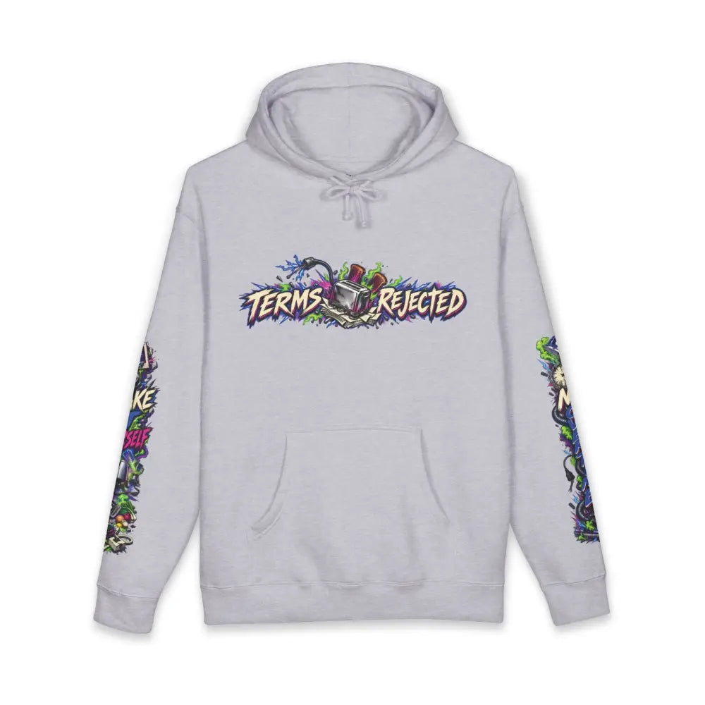 Light gray heavyweight hooded sweatshirt with vibrant terms rejected graphic and colorful detailed sleeve designs