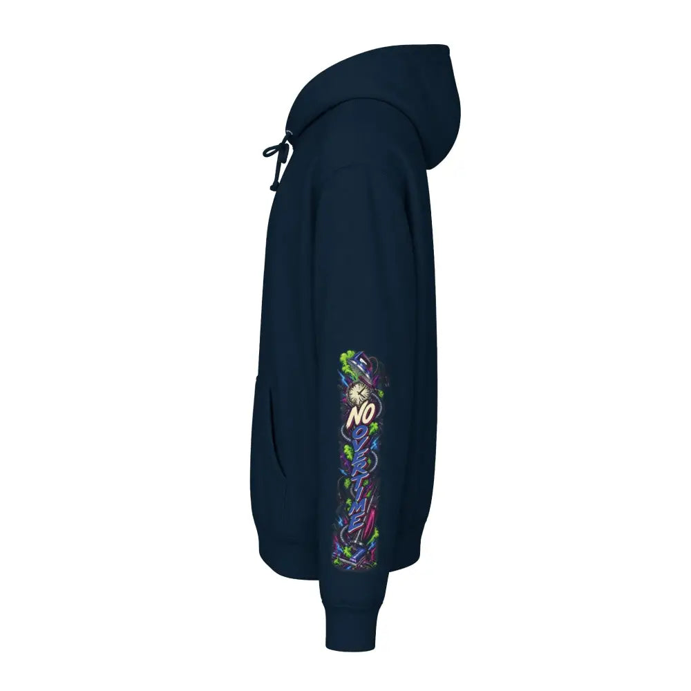Dark navy blue heavyweight hooded sweatshirt with vibrant graphic design and stylized text on left sleeve unisex hoodie