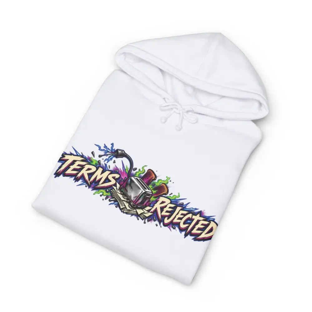 White heavyweight hooded sweatshirt with colorful terms rejected graffiti design and bomb illustration unisex hoodie
