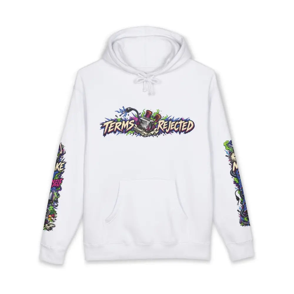 White heavyweight hooded sweatshirt with vibrant graffiti style terms rejected graphic and colorful sleeve designs