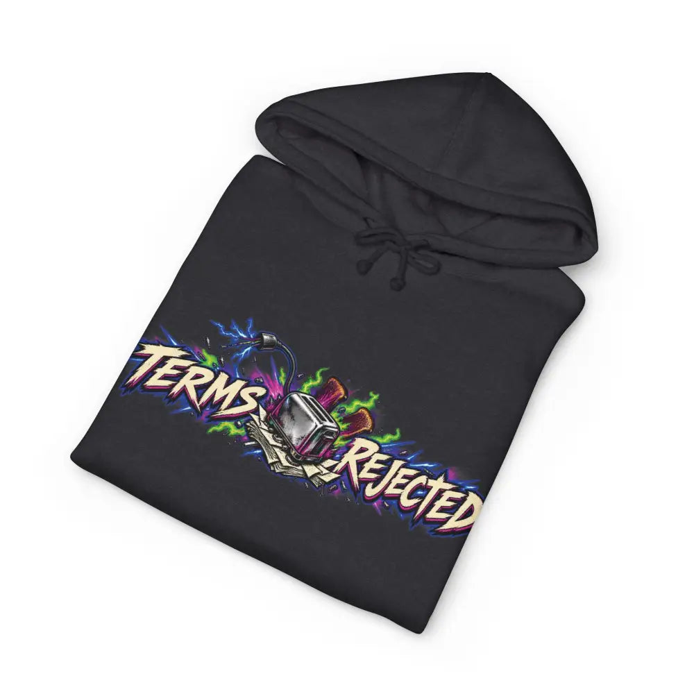 Black heavyweight hooded sweatshirt featuring vibrant neon purple and green graffiti style terms rejected graphic design