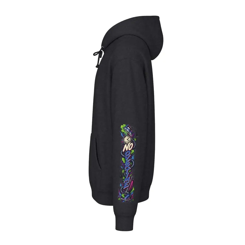 Black heavyweight hooded sweatshirt with vibrant graffiti-style graphic down the left sleeve unisex protest hoodie