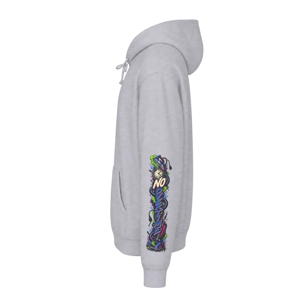 Gray heavyweight hooded sweatshirt with vibrant colorful graphic and text down the left sleeve unisex protest design