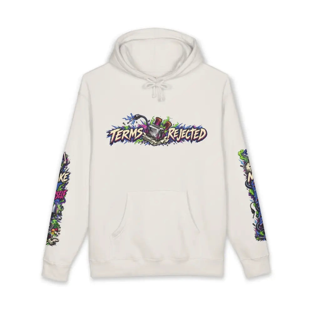 Off-white unisex heavyweight hooded sweatshirt with vibrant terms rejected graphic and colorful detailed sleeves