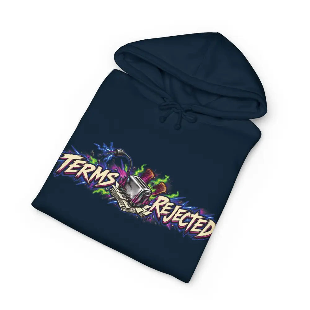 Navy blue heavyweight hooded sweatshirt featuring vibrant terms rejected graphic with electric effects and stylized text