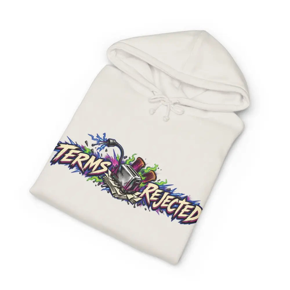 Off-white heavyweight hooded sweatshirt with vibrant graffiti style terms rejected graphic in purple green and blue