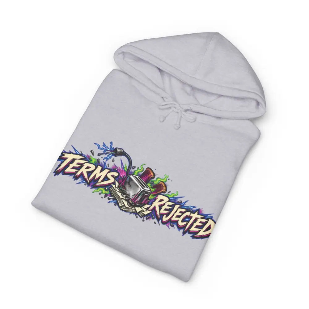 Light gray heavyweight hooded sweatshirt with vibrant graffiti style terms rejected graphic and bomb illustration