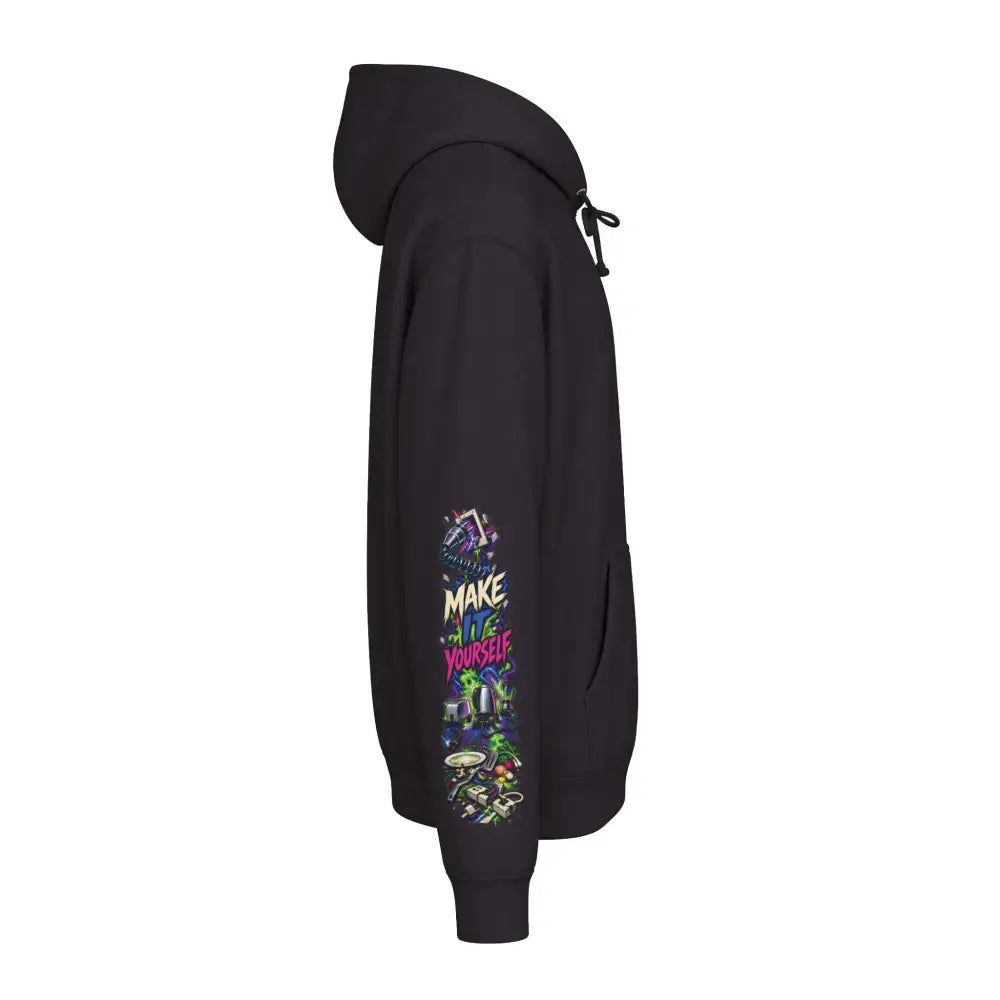 Unisex black heavyweight hooded sweatshirt with colorful make it yourself graphic on left sleeve for protest wear