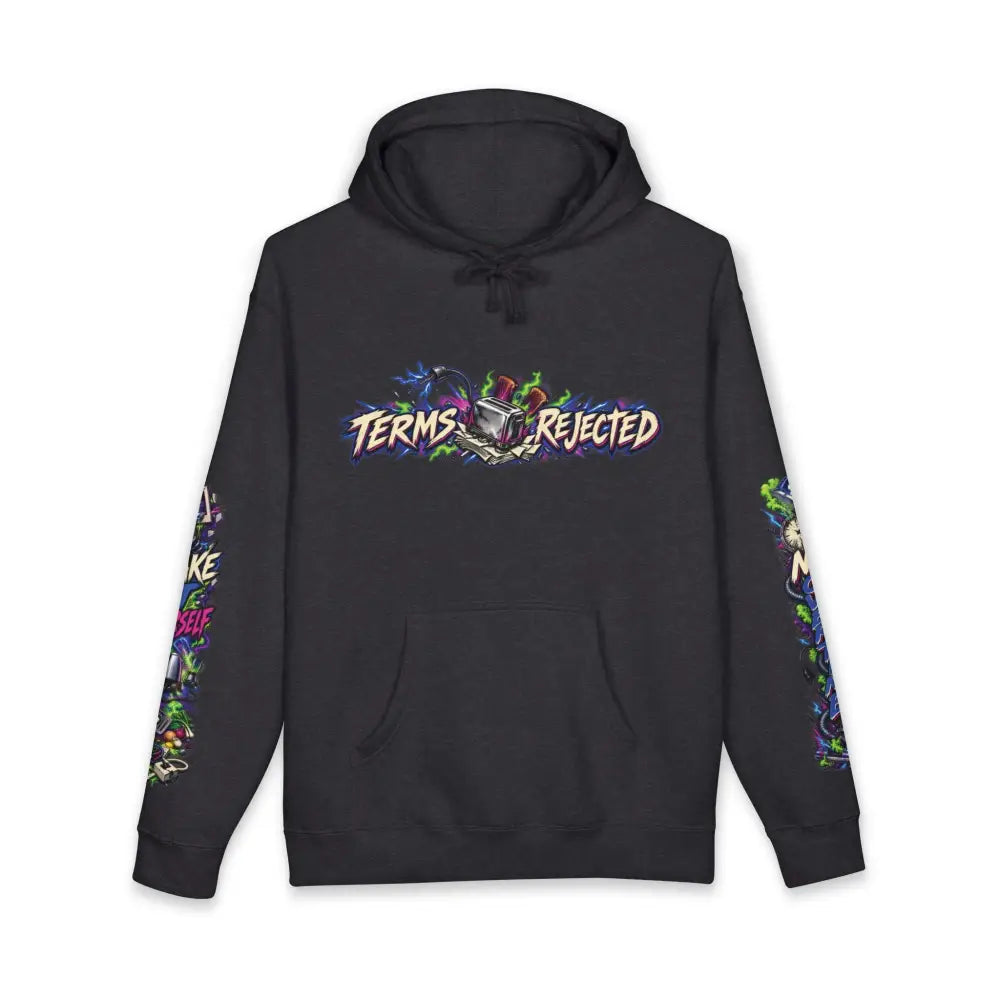 Black heavyweight hooded sweatshirt featuring vibrant terms rejected graphic and colorful detailed sleeve designs