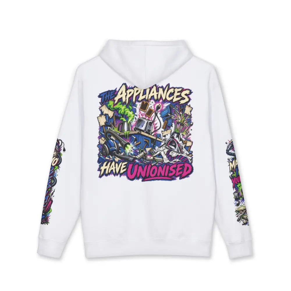 White heavyweight hooded sweatshirt featuring vibrant graffiti style graphic with bold yellow and purple text the appliances have unionised