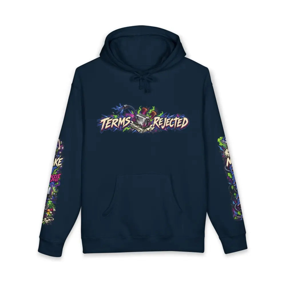 Dark navy blue heavyweight hooded sweatshirt with vibrant graffiti style terms rejected graphic and colorful sleeves