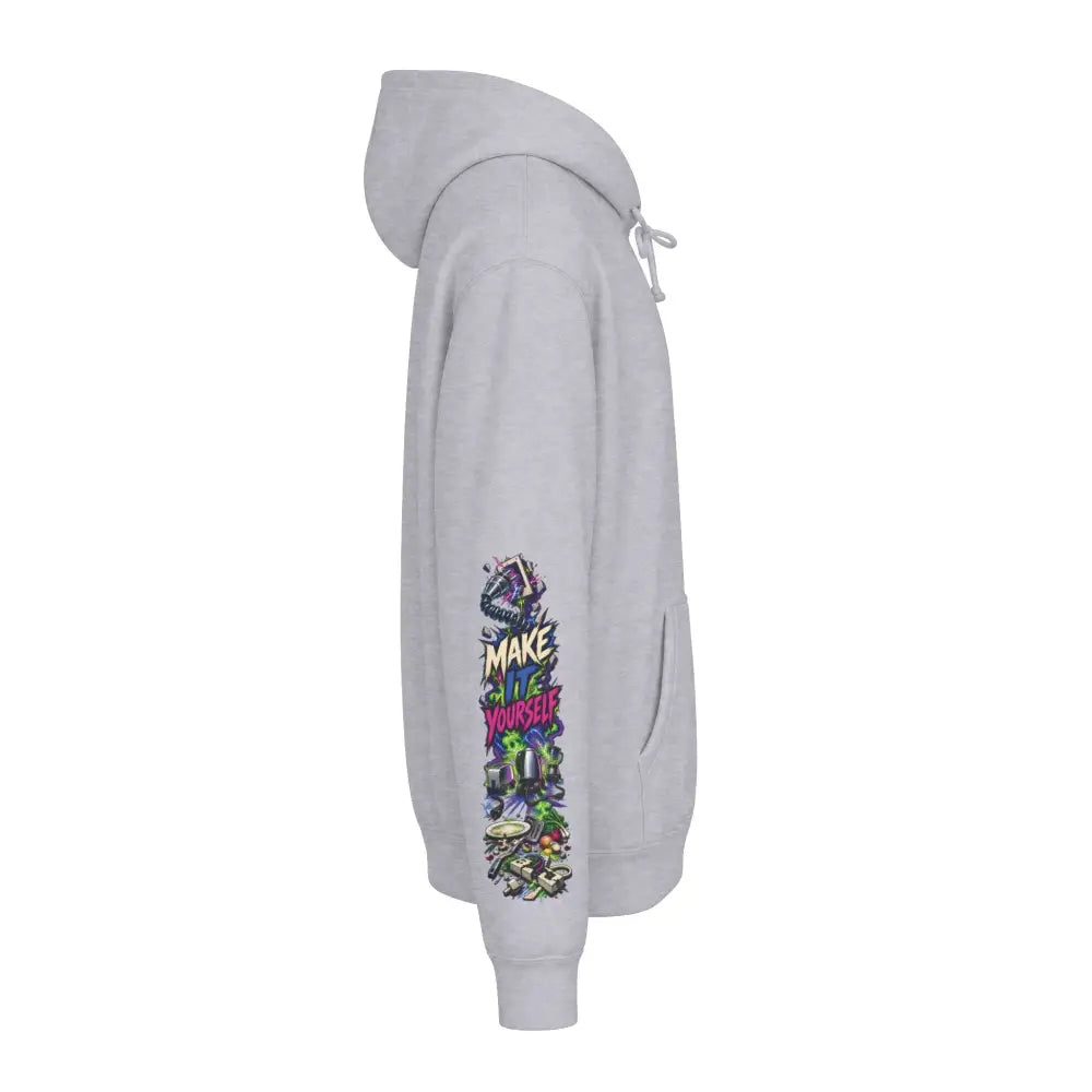 Unisex gray heavyweight hooded sweatshirt with vibrant graffiti-style make yourself graphic on left sleeve