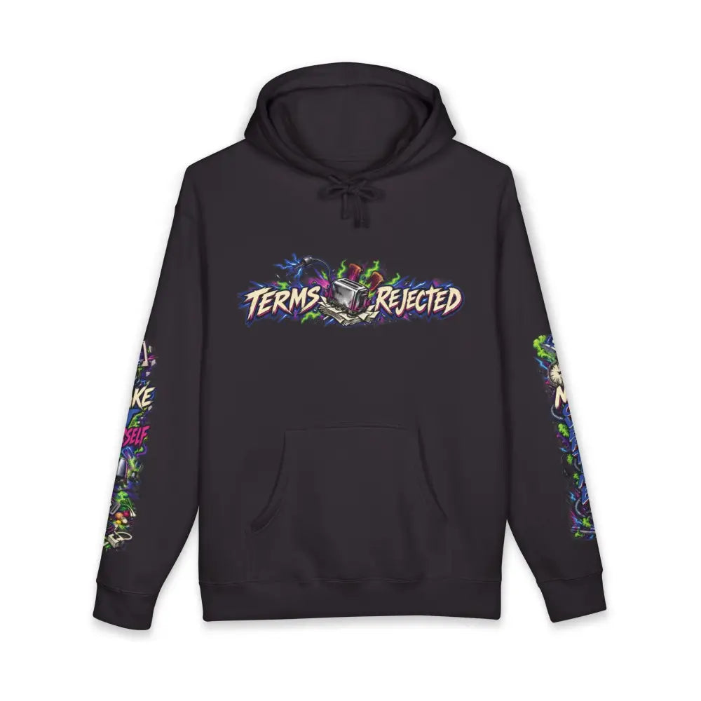 Black unisex heavyweight hooded sweatshirt with vibrant graffiti style terms rejected graphic and colorful sleeve designs