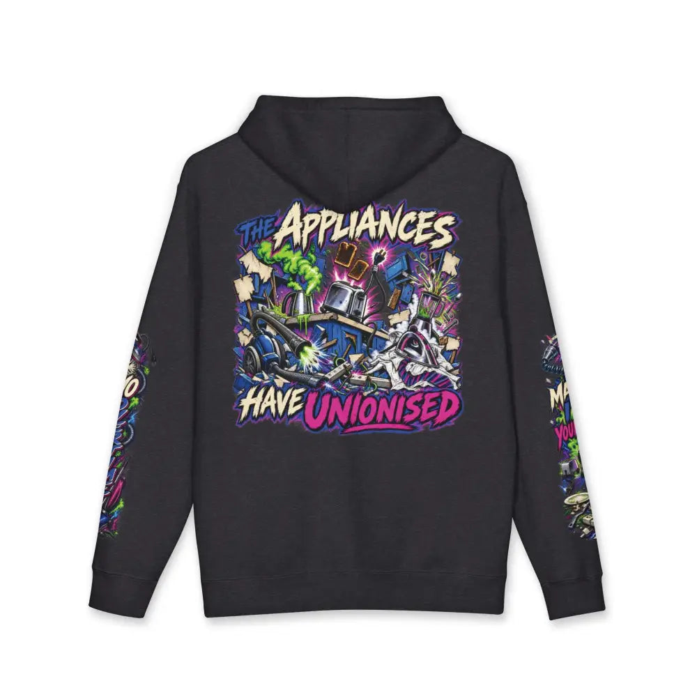 Black heavyweight hooded sweatshirt with vibrant graffiti style graphic and bold purple and white the appliances have unionised text