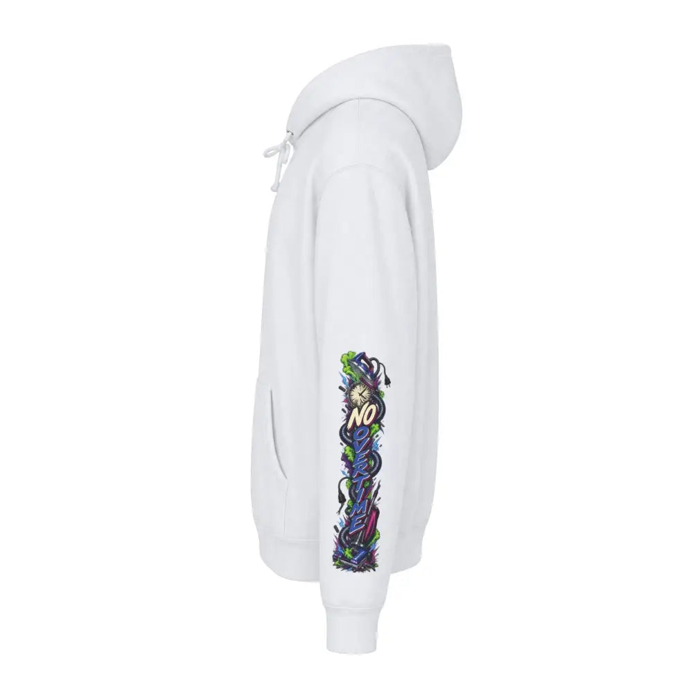 White heavyweight hooded sweatshirt featuring a colorful graphic running down the left sleeve for unisex wear