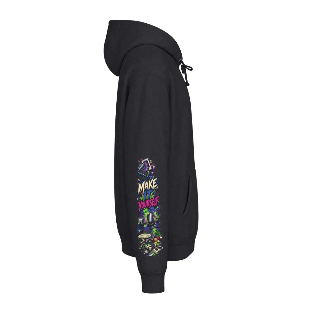 Black heavyweight hooded sweatshirt with vibrant graffiti style graphic and make it yourself text on left sleeve