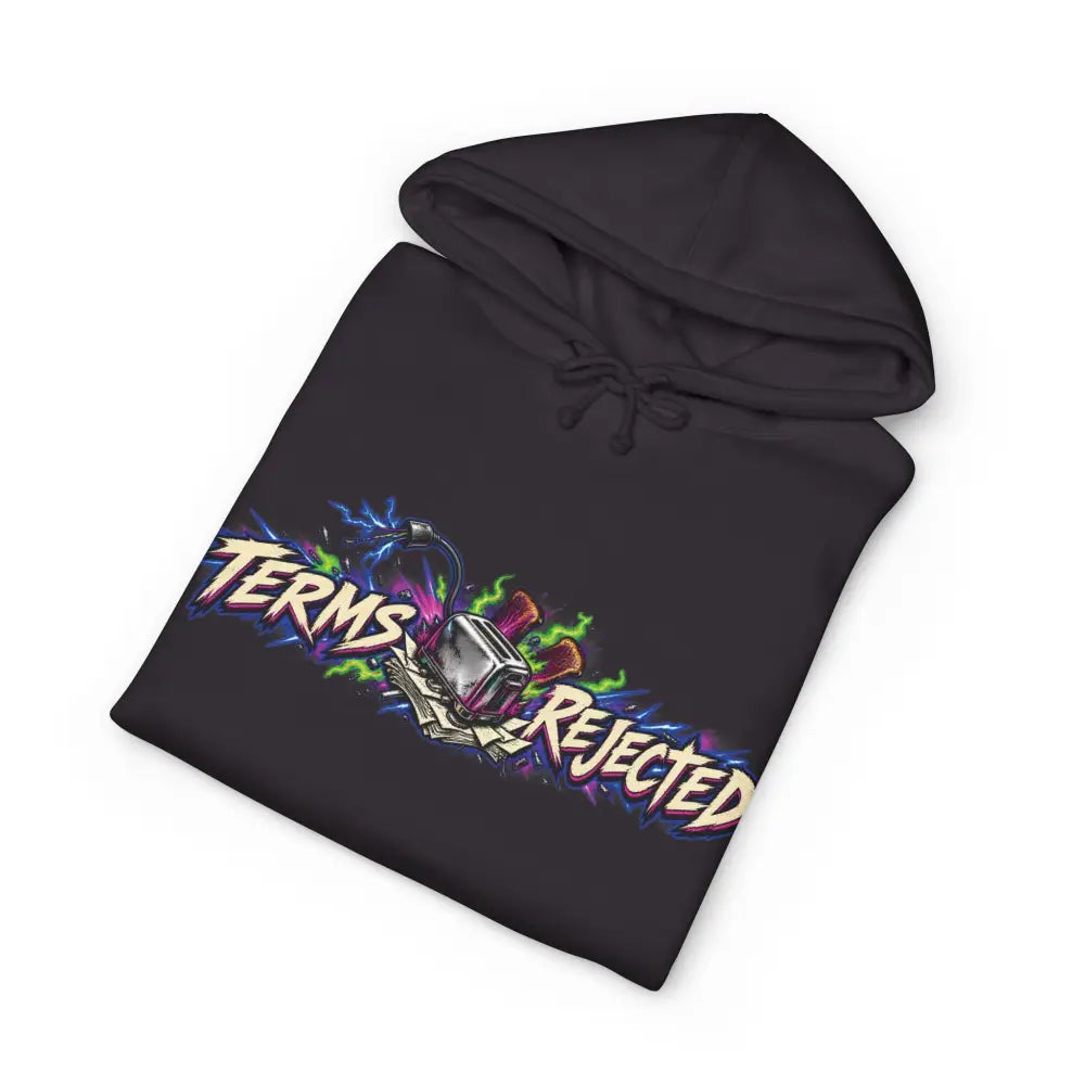 Black heavyweight hooded sweatshirt featuring vibrant neon terms rejected graphic for protest statements