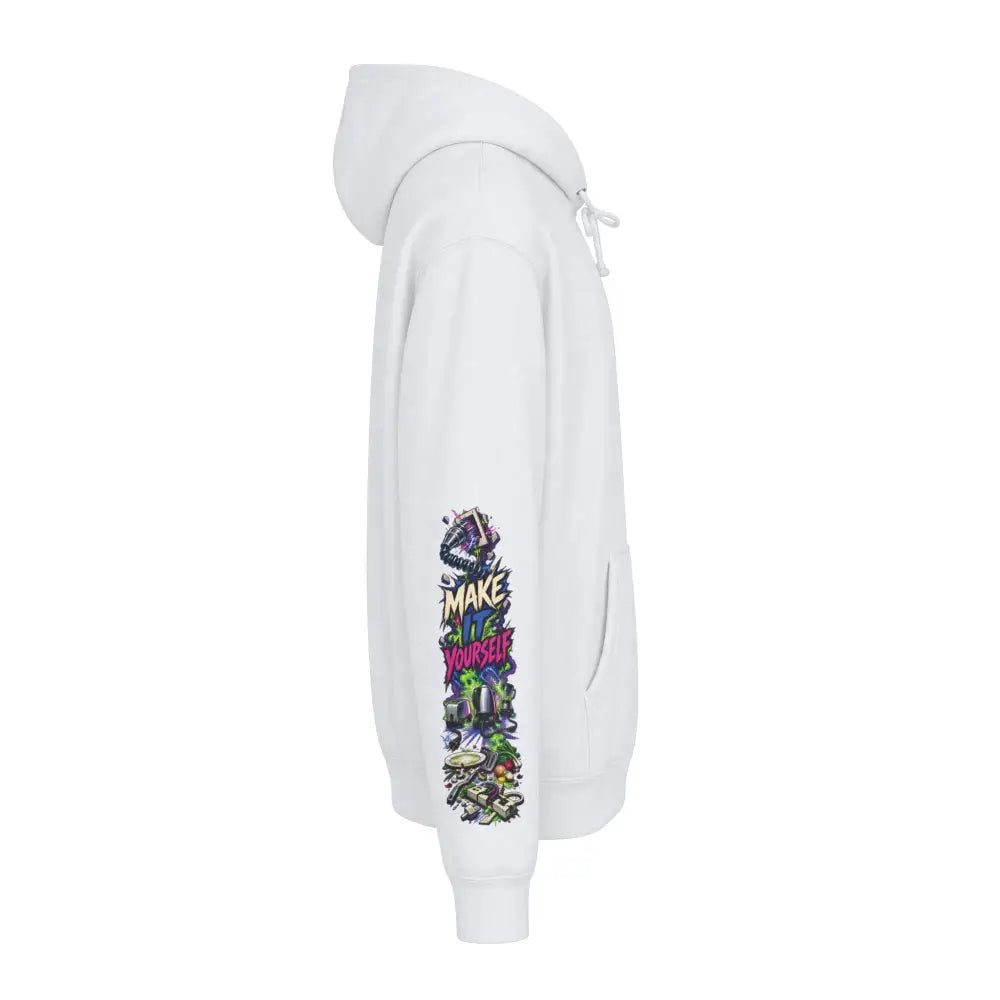 White heavyweight hooded sweatshirt with vibrant graffiti-style graphic and colorful text on left sleeve for protest wear