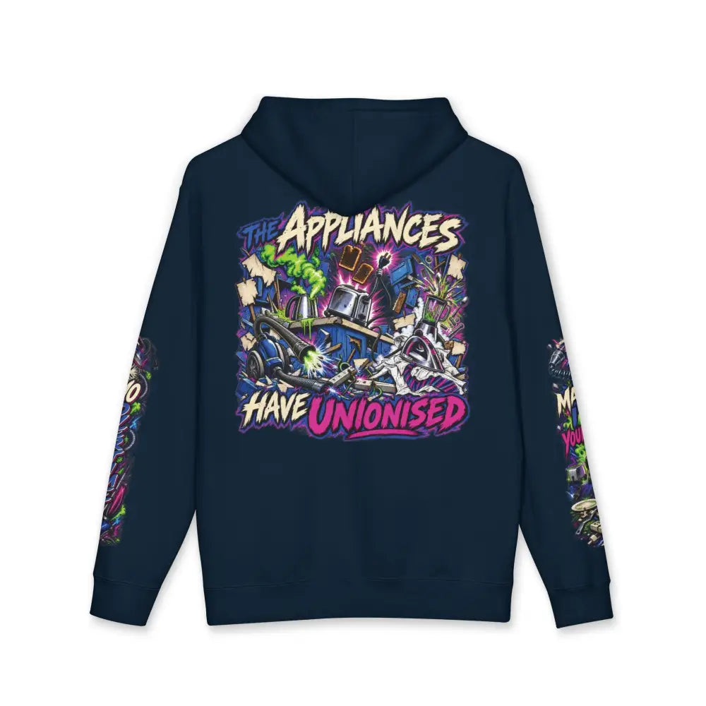 Dark navy blue heavyweight hooded sweatshirt with vibrant graffiti style the appliances have unionised graphic