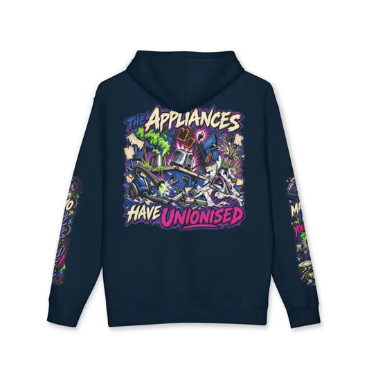 Dark navy blue heavyweight hooded sweatshirt with vibrant graffiti style the appliances have unionised graphic